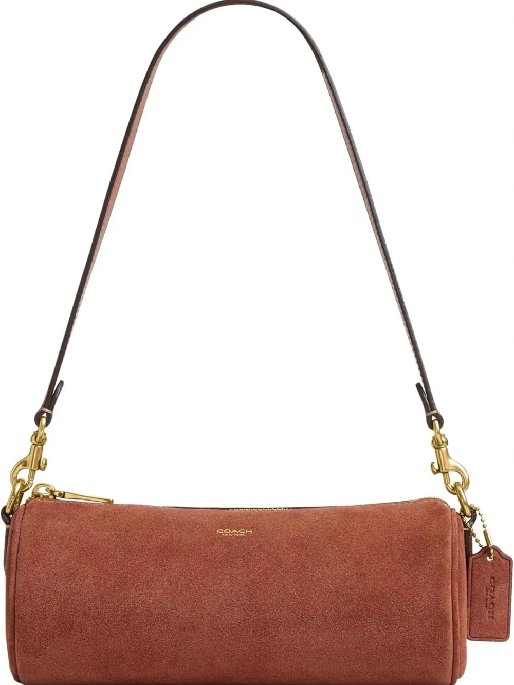 Coach Suede Barrel Shoulder Bag in Rust Brown with Gold Hardware